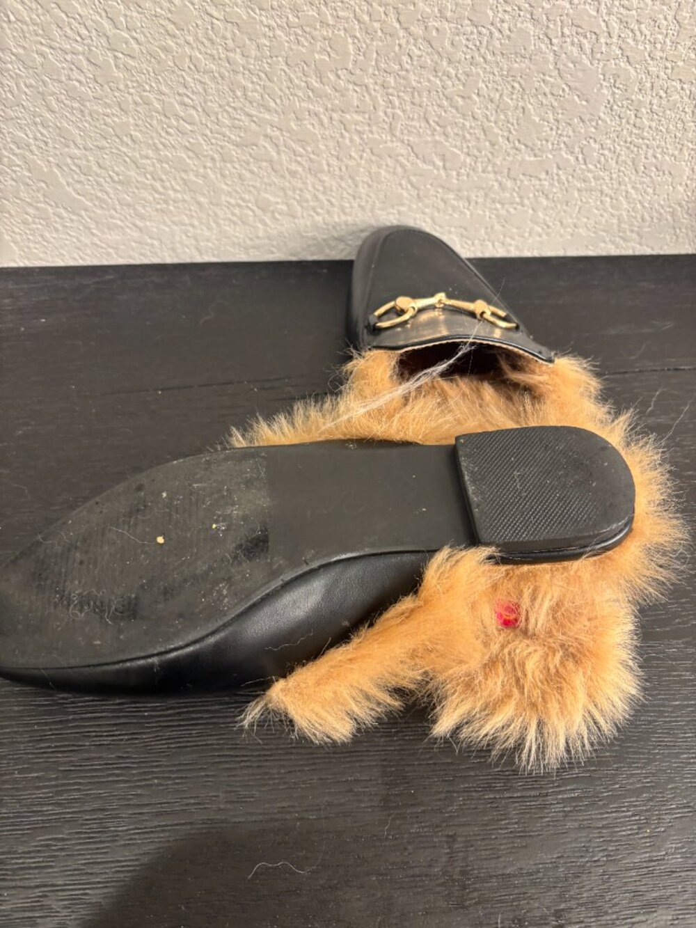 Catherine Malandrino Black Leather Fur Lined Mule Loafers Size 8 Gold Horsebit S - Picture 5 of 5